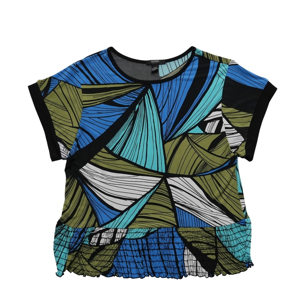 Alfani Petite Short Sleeve Top Women P/S Blue Abstract Geometric Smocked‎ Hem